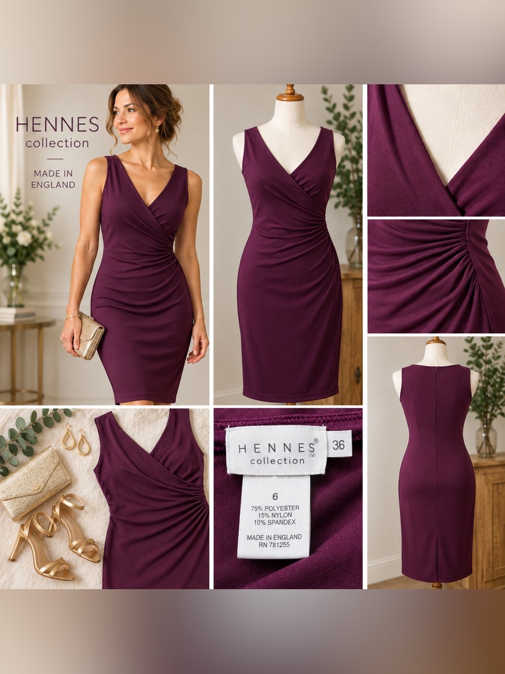 Hennes Collection Plum Purple Ruched Wrap Sheath Dress Size 6 Made in England
